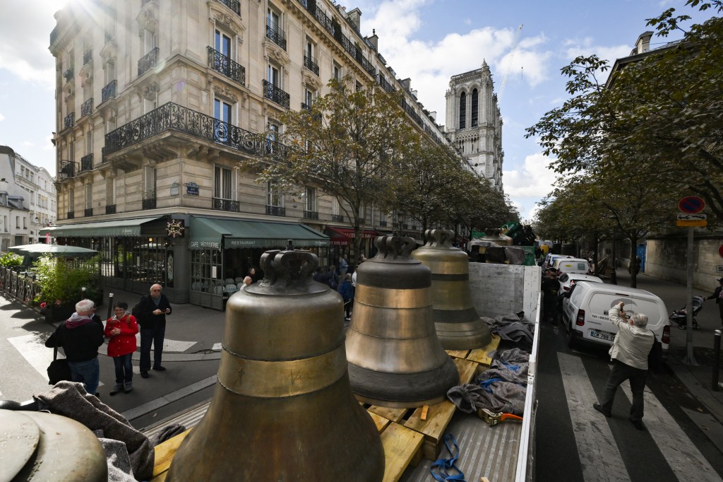 Eight bells of the north belfry of Notre-Dame de Paris cathedral arrive in central Paris on Sept. 12, 2024.