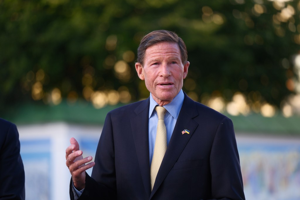 Senator Richard Blumenthal speaks during briefing on August 12, 2024 in Kyiv, Ukraine.