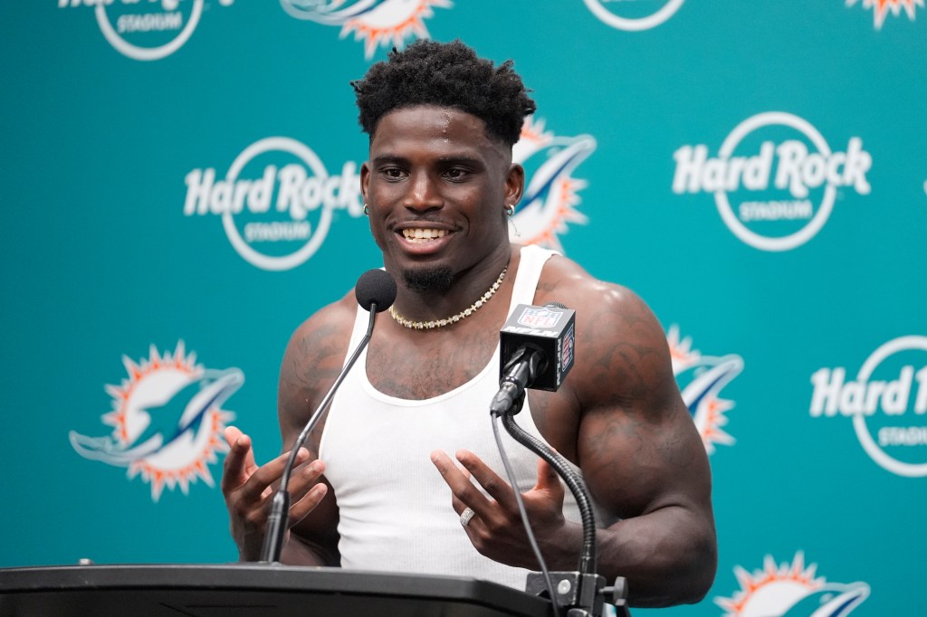 Tyreek Hill speaks to the media on Sept. 8, 2024. 