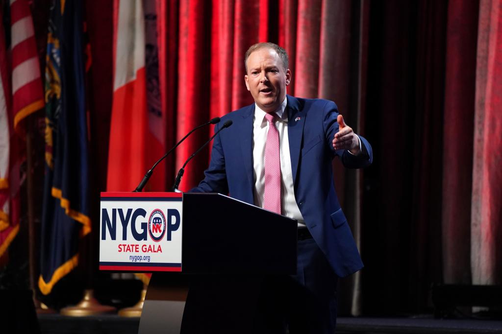 Former Representative Lee Zeldin speaking at a podium during the 2024 New York GOP Gala at the New York Hilton Hotel