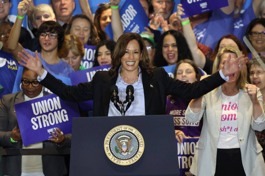 Harris speaks during a campaign event at IBEW Local Union #5 on September 02, 2024 in Pittsburgh, Pennsylvania. 