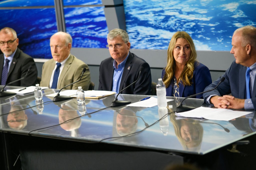 (L-R) NASA Associate Administrator James Free, Associate Administrator Ken Bowersox, Commercial Crew Manager Steve Stich and International Space Station Program Manager Dana Weigel speak during a news conference to discuss plans to return two astronauts who remain stranded at the International Space Station, at Johnson Space Center in Houston, Texas, on August 24, 2024. 