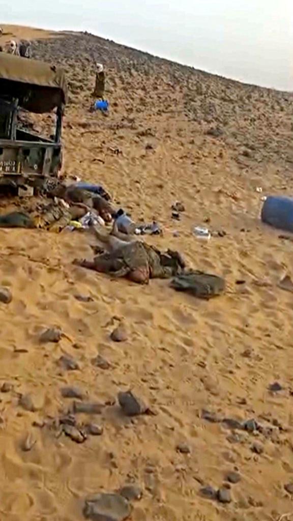 Casualties are seen among debris and damaged vehicles after clashes between Tuareg rebels and Russian Wagner in July 2024.