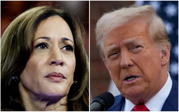 Combined file photos of U.S. Vice President Kamala Harris in Milwaukee, Wisconsin and former U.S. President Donald Trump in Bedminster, New Jersey from August 2024