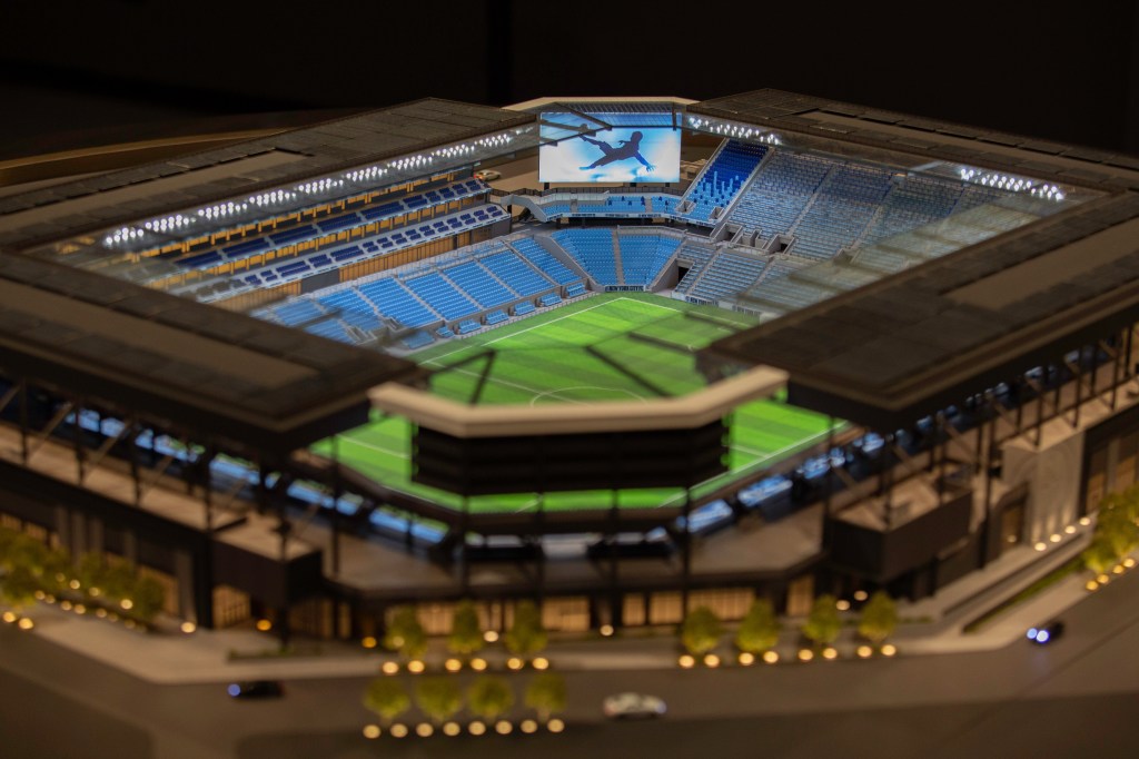 A mockup of NYCFC's future stadium and the luxury amenities that will be in Willets Point, NY.