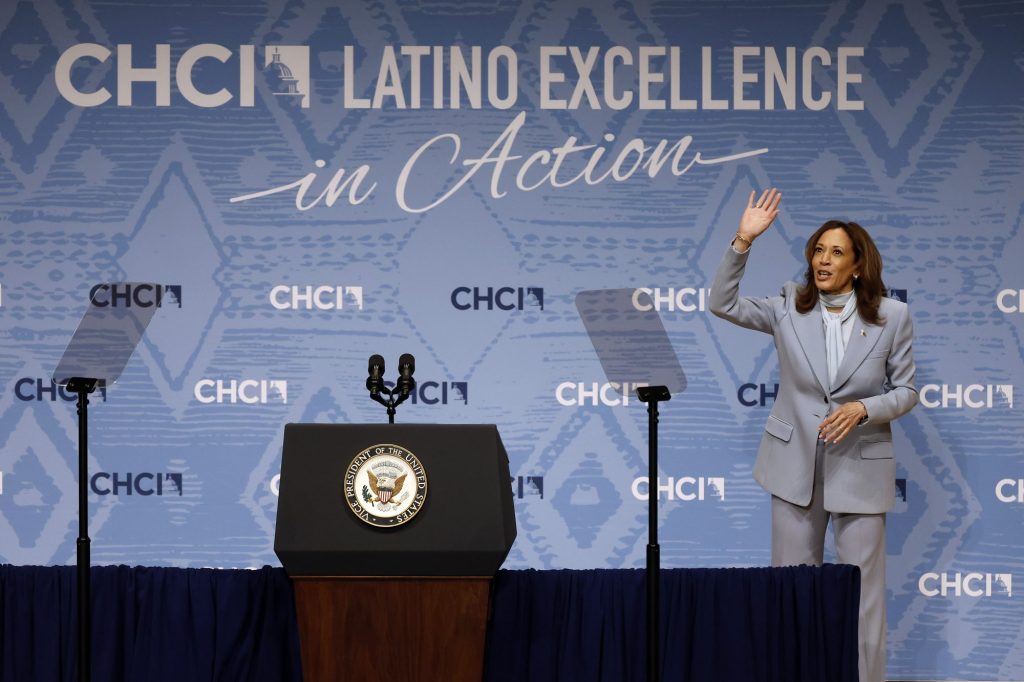 Vice President Kamala Harris leaving the stage after addressing the Congressional Hispanic Caucus Institute's Annual Leadership Conference