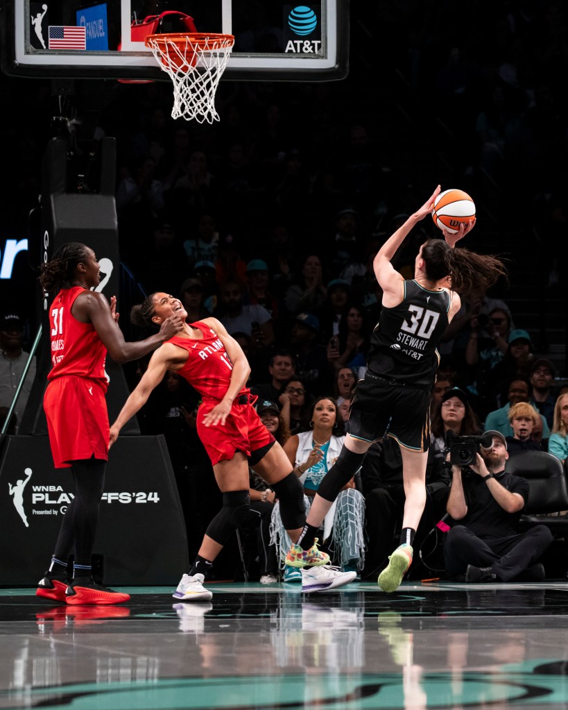 Breanna Stewart #30 of the New York Liberty makes shot against the Atlanta Dream