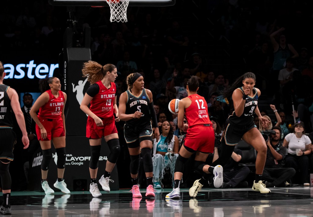 Nyara Sabally #8 of the New York Liberty reacts against the Atlanta Dream.