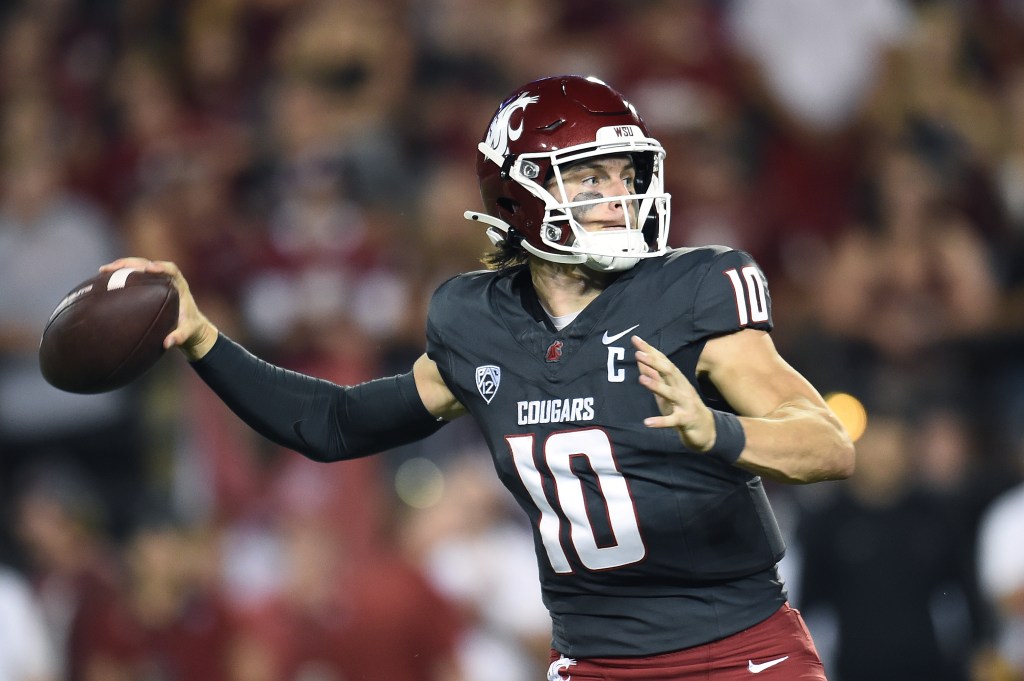 Washington State Cougars quarterback John Mateer (10) throws a pass against the Texas Tech Red Raiders in the first half at Gesa Field at Martin Stadium. 