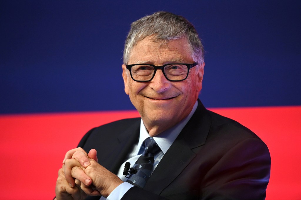 Bill Gates reacting during the Global Investment Summit at the Science Museum in London, October 19, 2021.