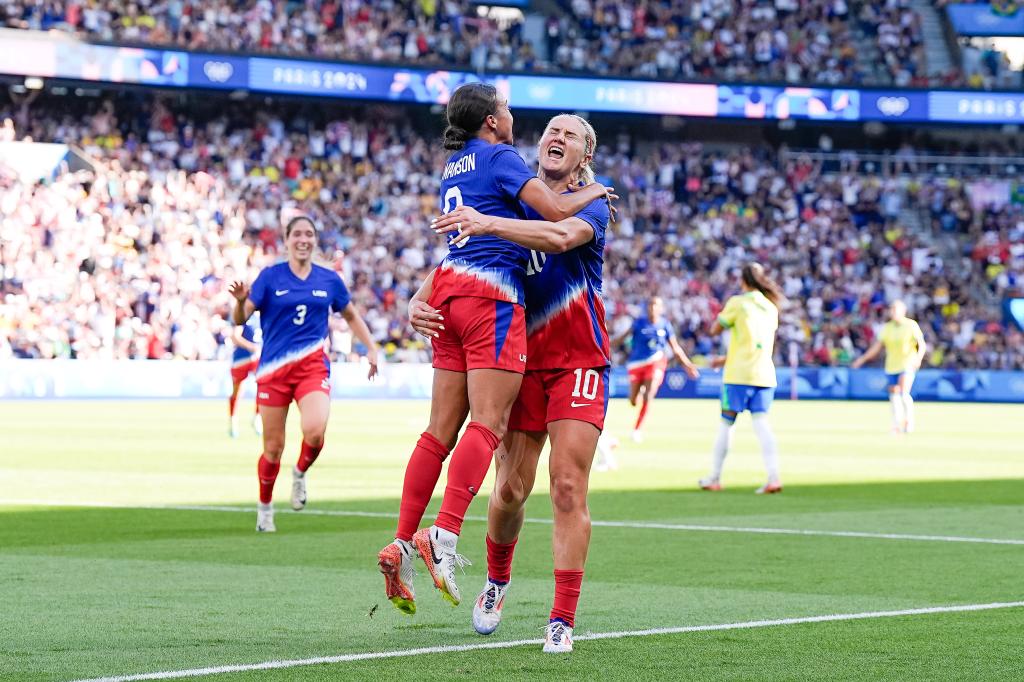 Mallory Swanson of the United States celebrates her goal with Lindsey Horan of United States during the Women's Gold Medal match between Brazil and United States of America during the Olympic Games Paris 2024