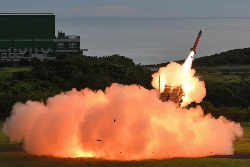 A US-made MIM-104 Patriot surface-to-air missile is launched during a live fire exercise at the Chiupeng missile base in Pingtung county on Aug. 20, 2024.