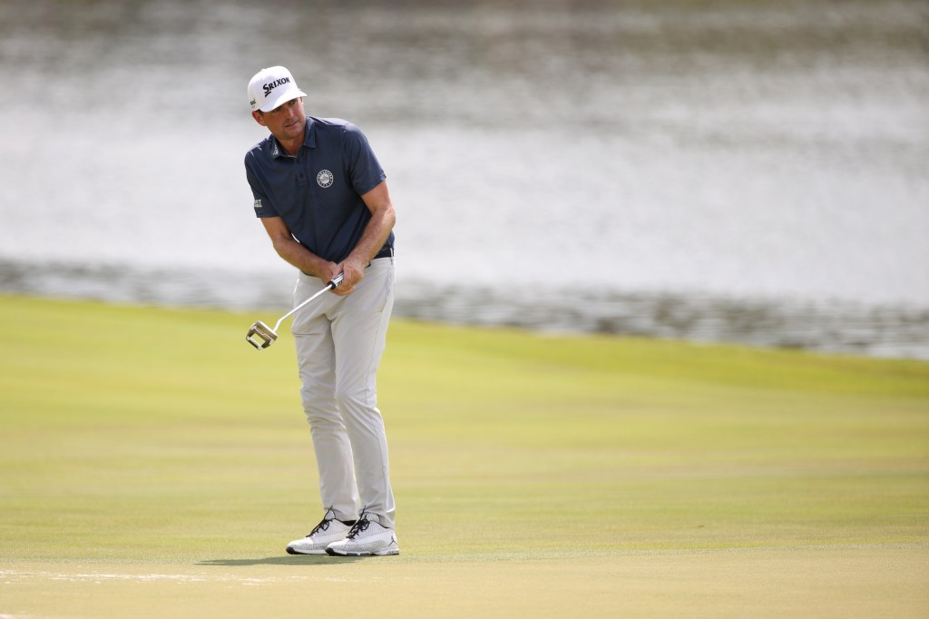 Keegan Bradley of the United States reacts on the eighth green during the second round of the TOUR Championship at East Lake Golf Club on August 30, 2024 in Atlanta, Georgia. 