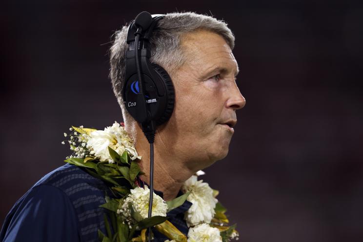 Head coach Brent Brennan of the Arizona Wildcats watches the action during the first half against the New Mexico Lobos at Arizona Stadium on August 31, 2024 in Tucson, Arizona.