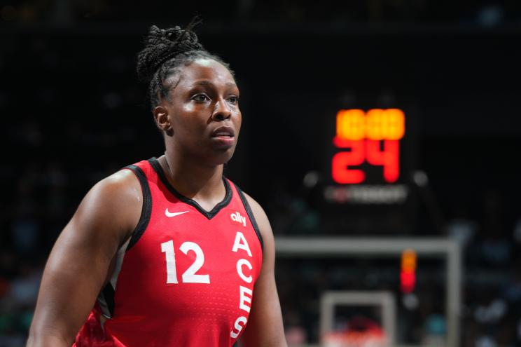 Chelsea Gray #12 of the Las Vegas Aces looks on during the game against the New York Liberty on September 8, 2024 in Brooklyn, New York.