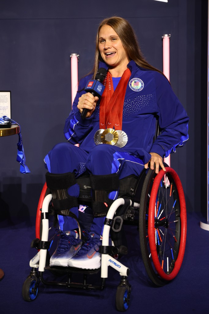 U.S. Paralympian Christie Raleigh Crossley speaks onstage at the USA House at Paralympics Paris 2024 on September 05, 2024 in Paris, France.