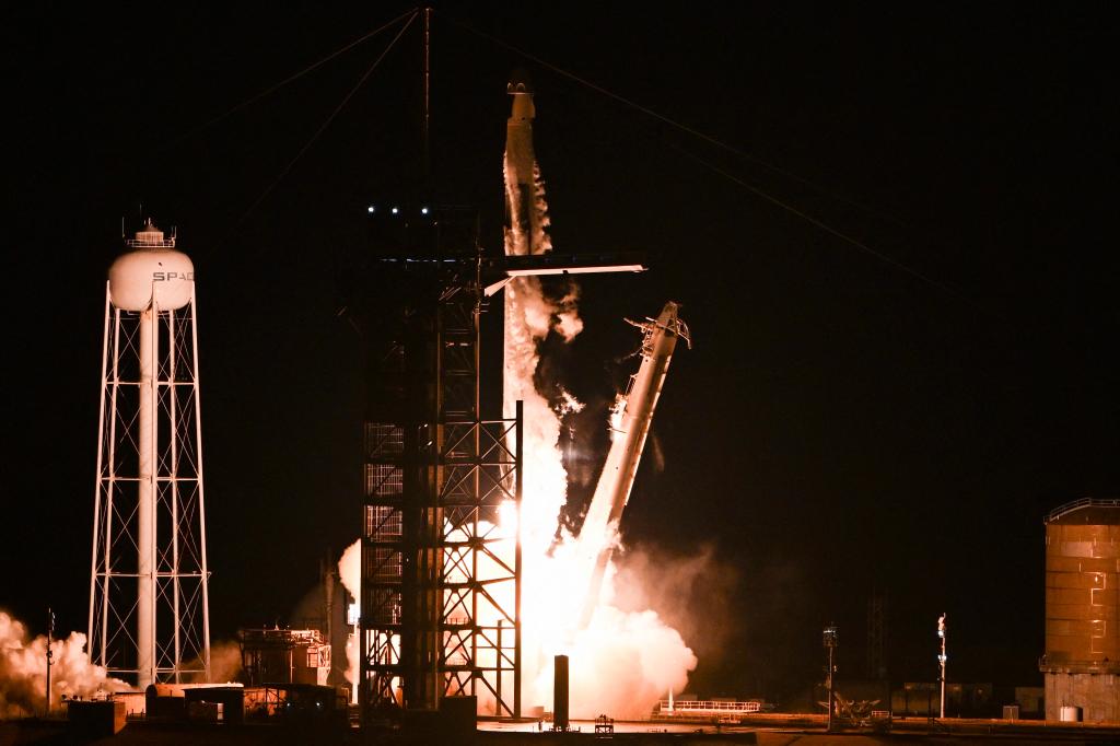 A SpaceX Falcon 9 rocket with the Crew Dragon Resilience capsule, carrying the crew of the Polaris Dawn Mission, lifts off from Launch Complex 39A at Kennedy Space Center in Cape Canaveral, Florida, on September 10, 2024. 