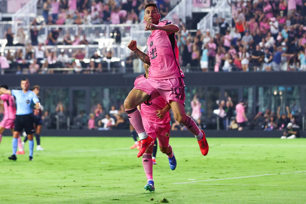 Lionel Messi of Inter Miami celebrates after scoring a goal against the Philadelphia Union on Saturday in Fort Lauderdale, Fla.