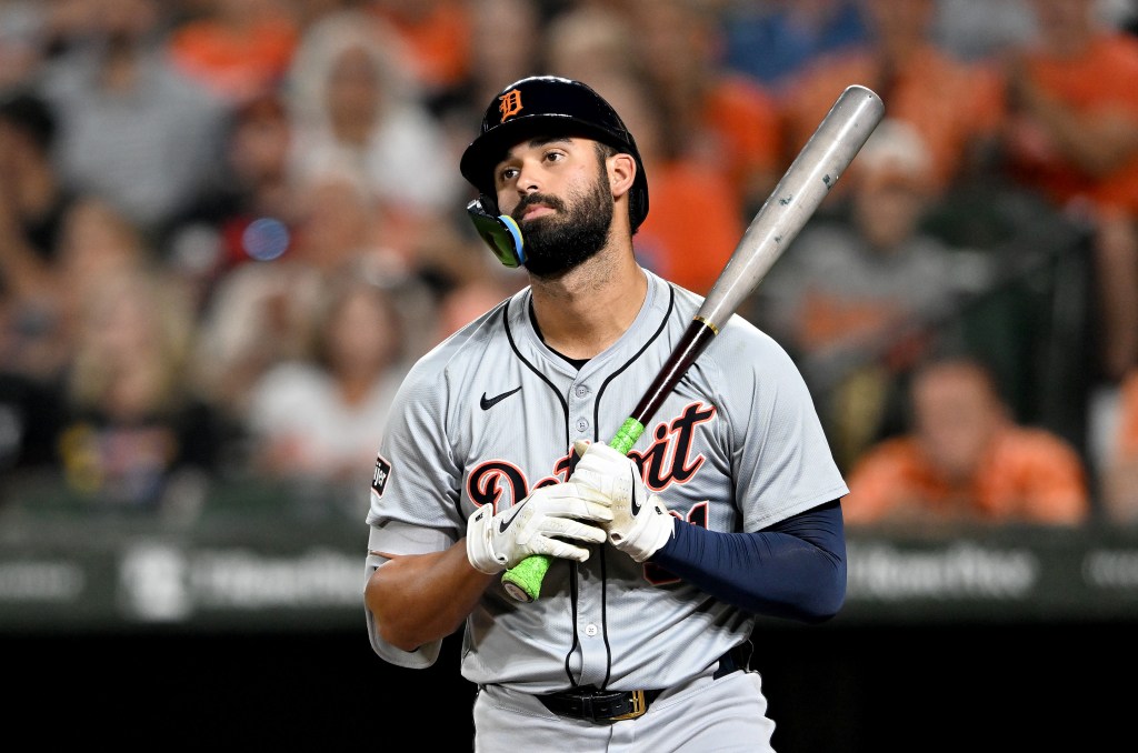 Riley Greene #31 of the Detroit Tigers reacts after striking out in the fourth inning against the Baltimore Orioles at Oriole Park at Camden Yards on September 20, 2024 in Baltimore, Maryland.