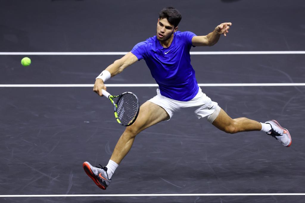 Carlos Alcaraz plays a backhand against Taylor Fritz during the Men's Singles match on day three of the Laver Cup.