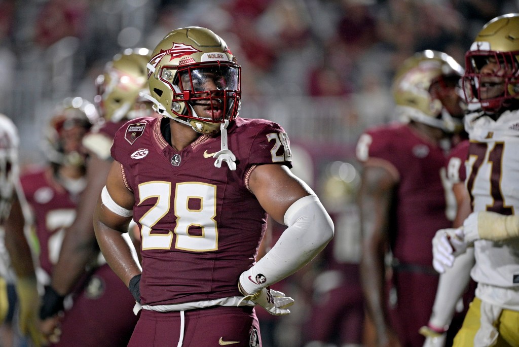 Florida State Seminoles linebacker Justin Cryer (28) reacts during the fourth quarter against the Boston College Eagles at Doak S. Campbell Stadium.