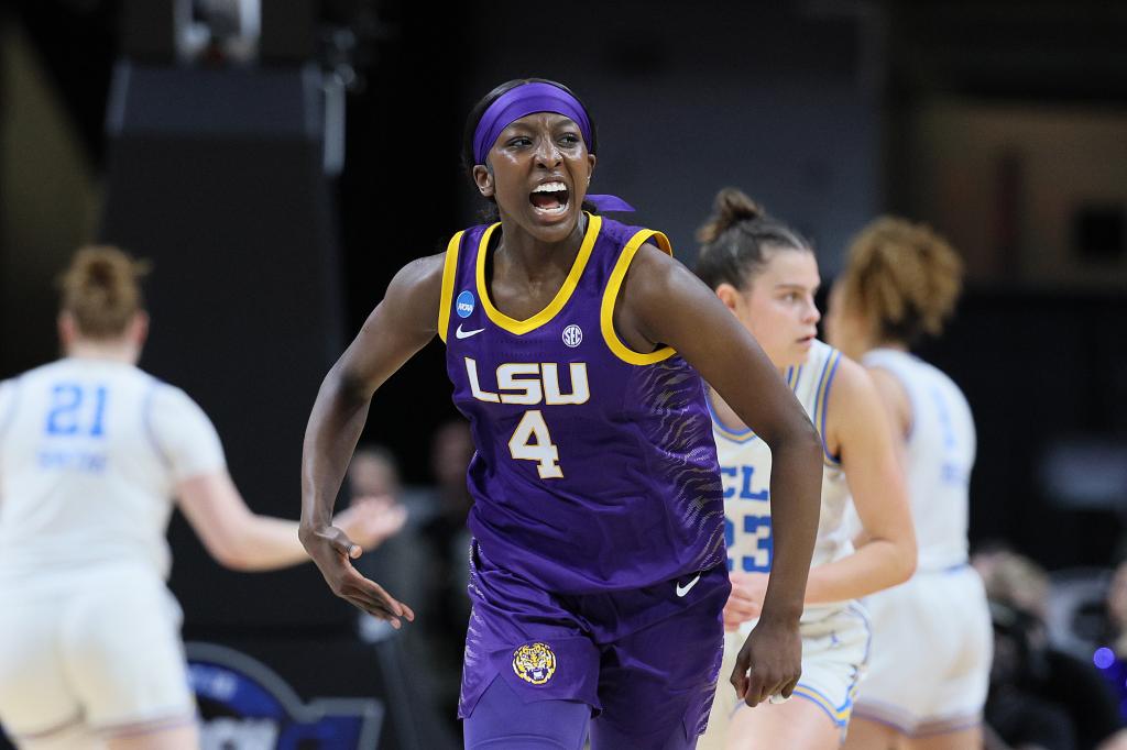 Flau'jae Johnson #4 of the LSU Tigers reacts in a game against the UCLA Bruins during the first half in the Sweet 16 round of the NCAA Women's Basketball Tournament at MVP Arena on March 30, 2024 in Albany, New York.  