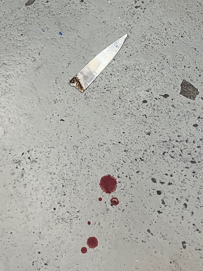 The broken blade of the knife the suspect used to stab the woman.