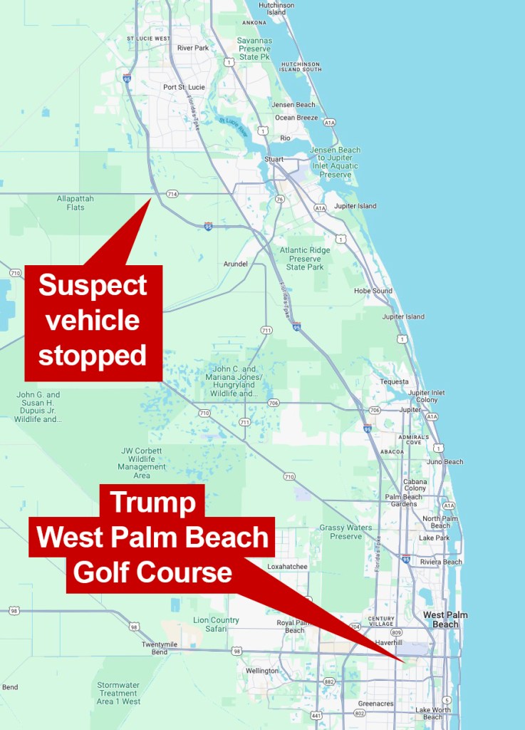 A map showing the location of the Trump West Palm Beach Golf Course and where the suspect's vehicle was caught.