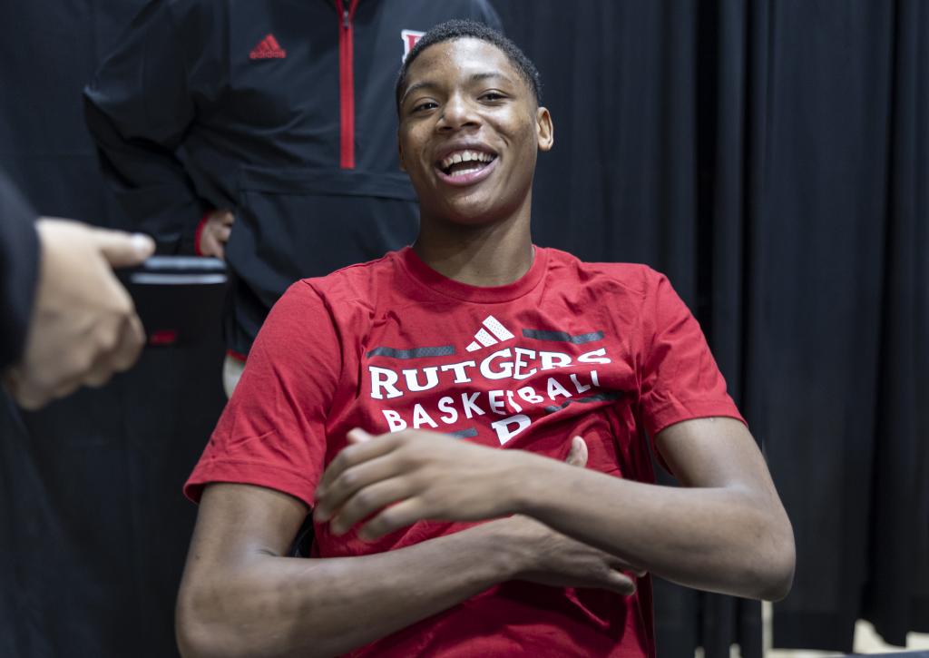 Rutgers star freshman guard/forward Airious "Ace" Bailey talks with reporters during Rutgers' Media Day.