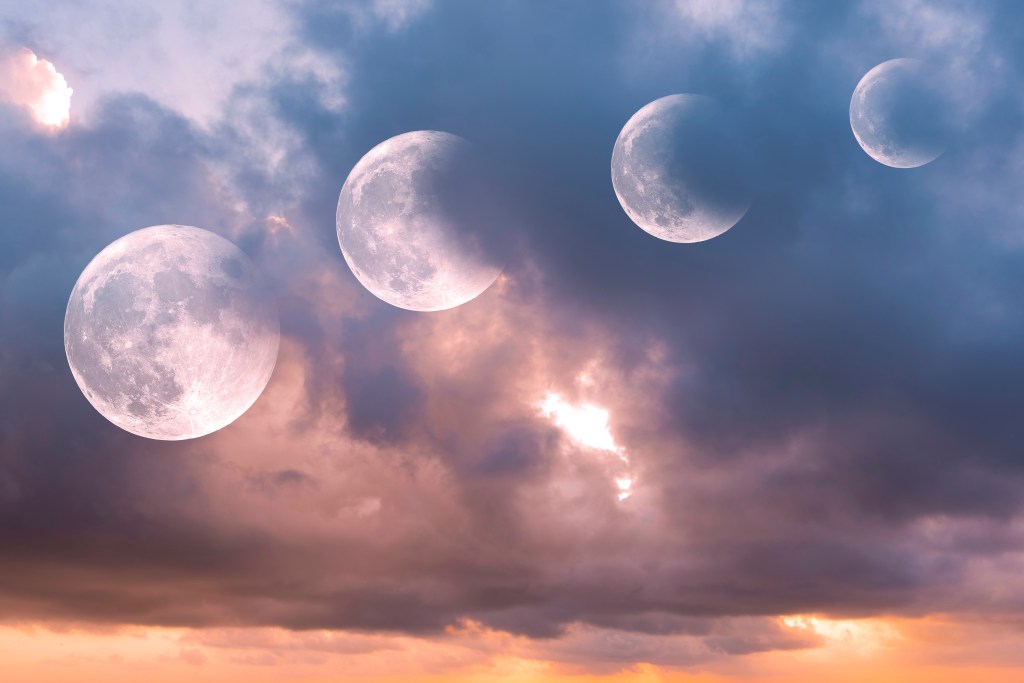 Series of moon phases during a lunar eclipse at sunrise