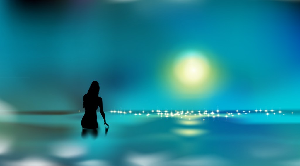 Beautiful seascape, female silhouette. Girl touching water surface. Woman standing in sea or ocean, dark night. Vacation in tropical. Full moon, nightlife bathing. Vector illustration Eps 10.