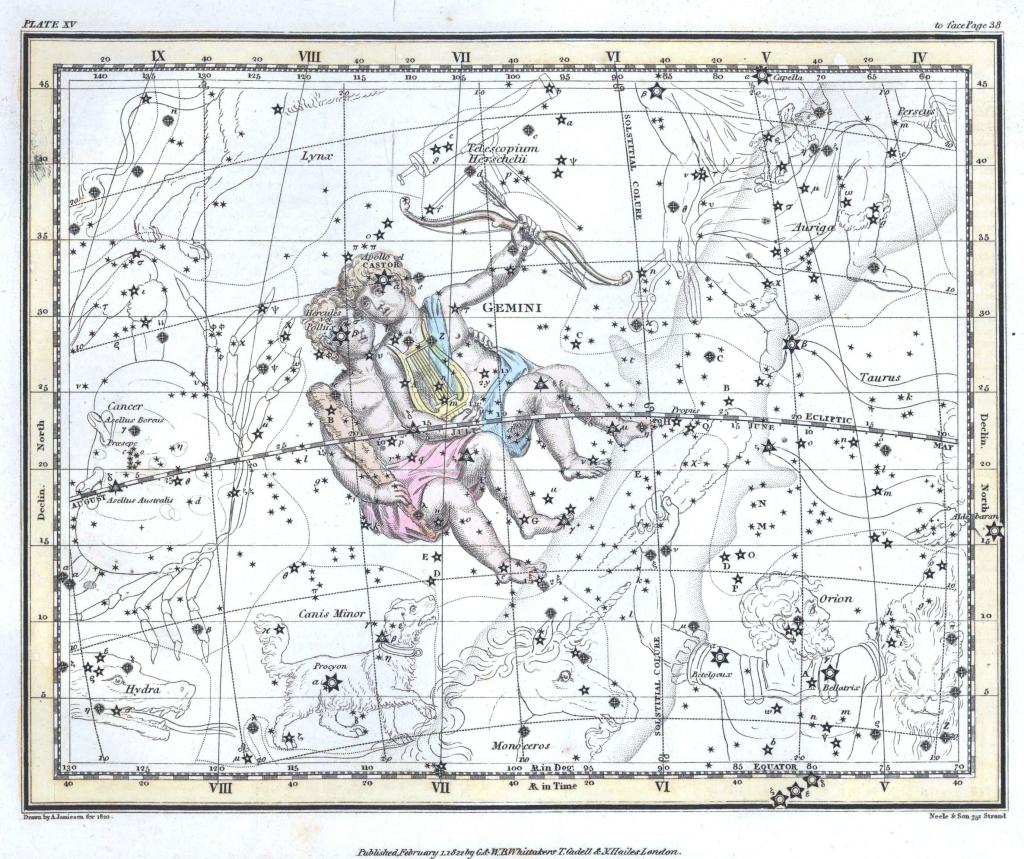 A vintage astronomical chart displaying the constellations of the zodiac with a face resembling Martin Schongauer