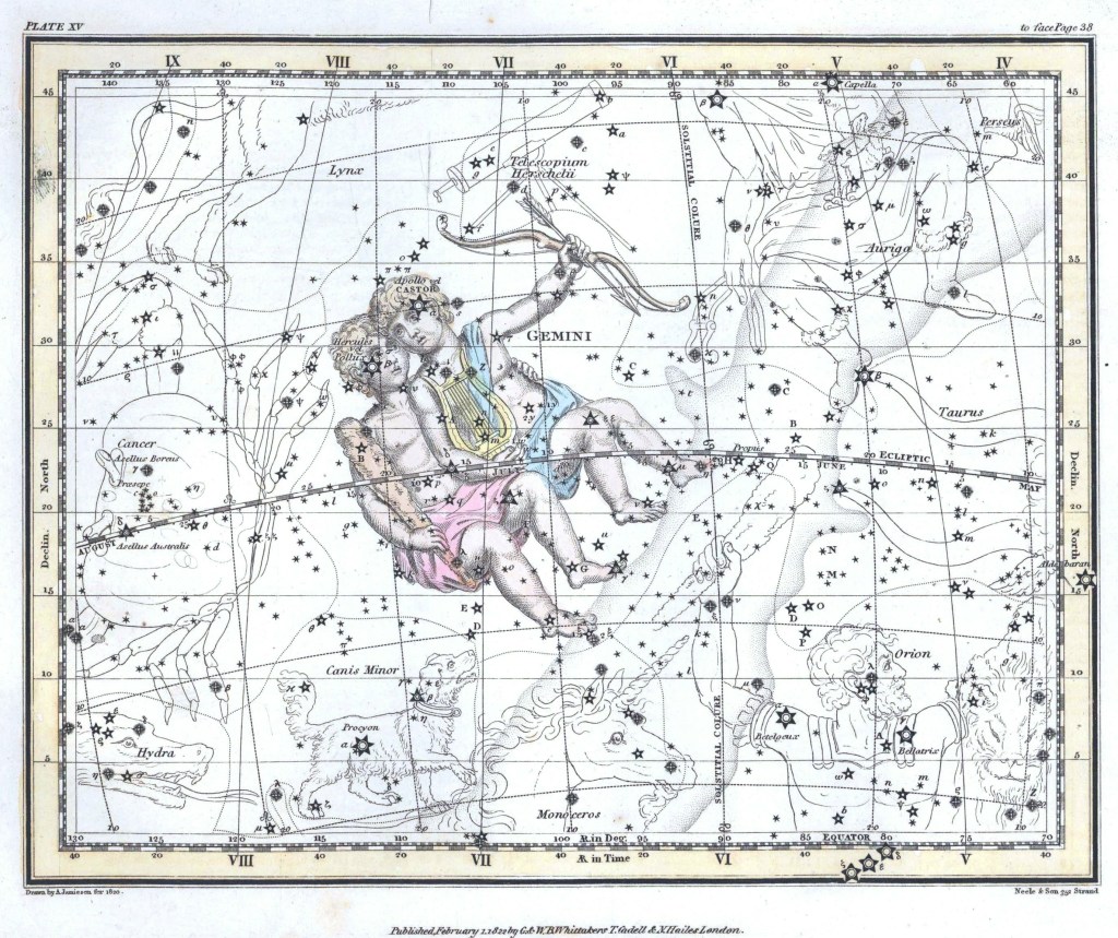 A vintage astronomical chart displaying the constellations of the zodiac with a face resembling Martin Schongauer