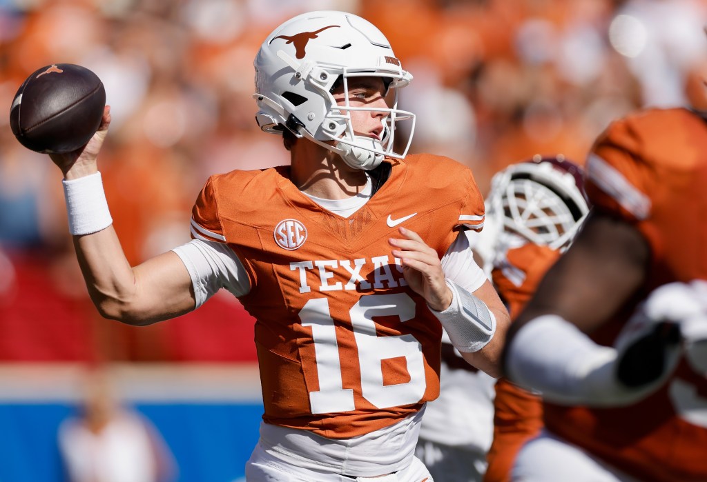 Arch Manning, who threw for two touchdown and ran for another, throws a pass during Texas' 35-13 win over Mississippi State on Sept. 28, 2024.