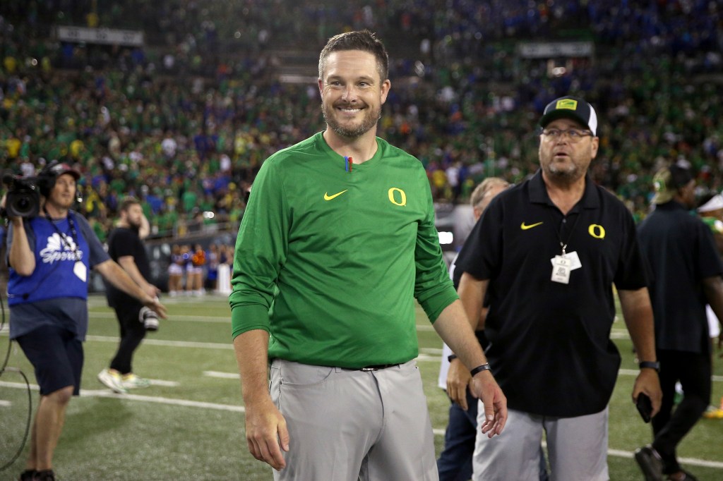 Oregon head coach Dan Lanning smiles after a win over Boise State in an NCAA college football game, Saturday, Sept. 7, 2024, at Autzen Stadium in Eugene, Ore.