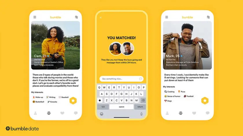 Phone screens with the Bumble dating app.