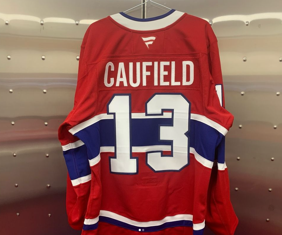 Cole Caufield's new jersey in honor of Johnny Gaudreau.