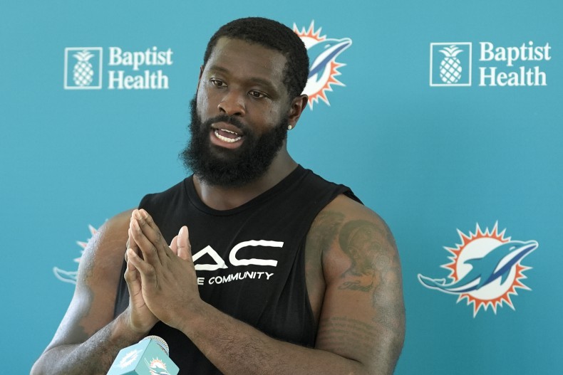 Miami Dolphins offensive tackle Terron Armstead speaks with the news media after a joint practice with the Washington Commanders at the NFL football team's training facility, Thursday, Aug. 15, 2024, in Miami Gardens, Fla.