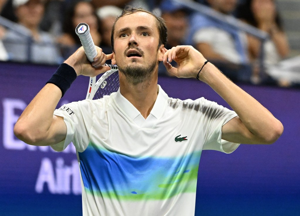 Daniil Medvedev eggs on the crowd during his 6-3, 6-4, 6-3 win  over Flavio Cobolli in the third round of the U.S. Open on Aug. 31, 2024.