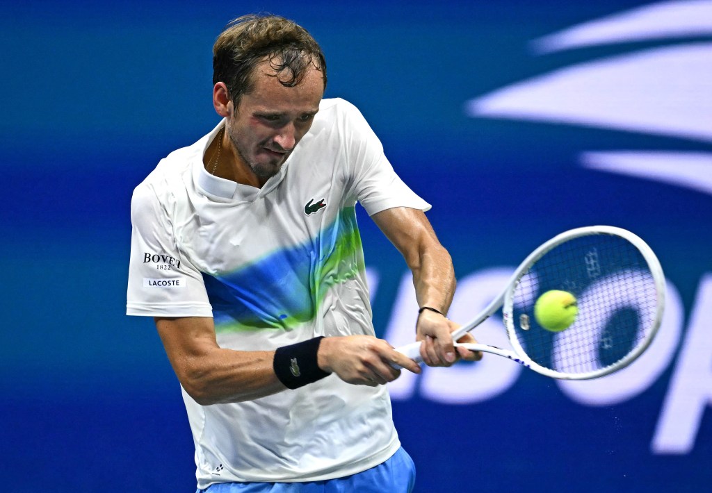 Daniil Medvedev hits a backhand during his third-round victory at the U.S. Open on Aug. 31, 2024.