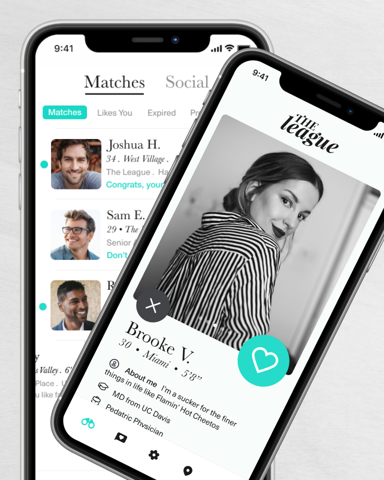 Phone screens with The League dating app.