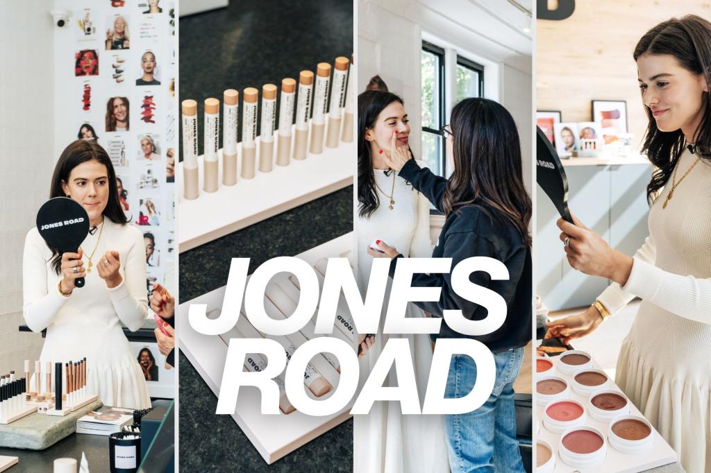 Split screen with Lydia Moynihan applying makeup with Bobbi Brown at Jones Road. 