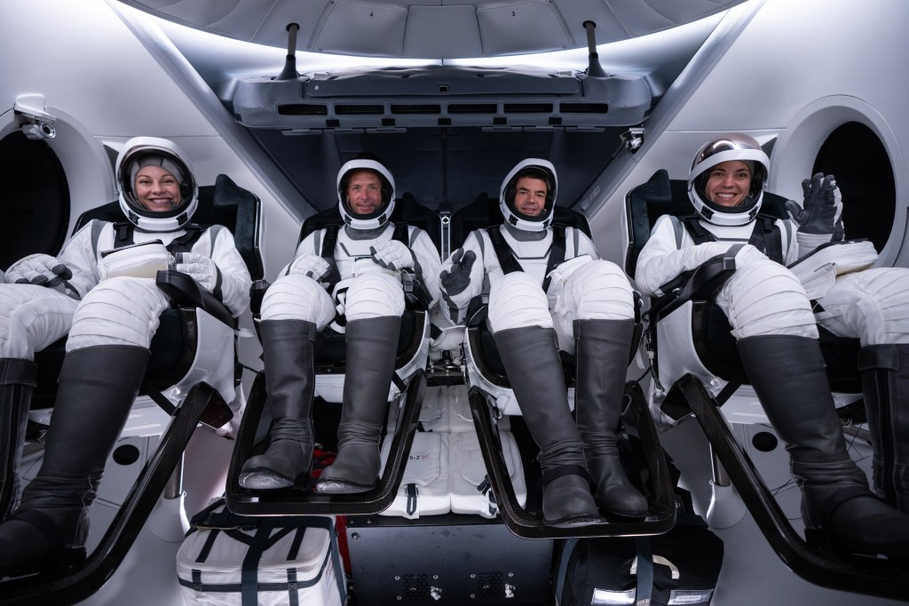 All four wore SpaceX’s spacewalking suits because the entire Dragon capsule would be depressurized for the two-hour spacewalk, exposing everyone to the dangerous environment.