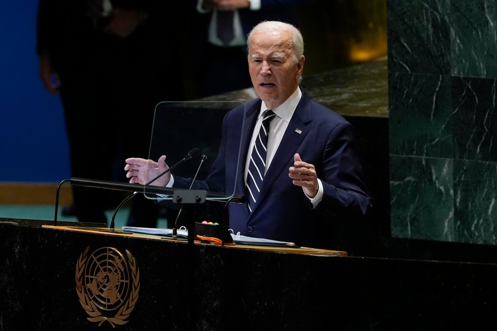 President Joe Biden addresses the 79th session of the United Nations General Assembly, Tuesday, Sept. 24, 2024, at UN headquarters.