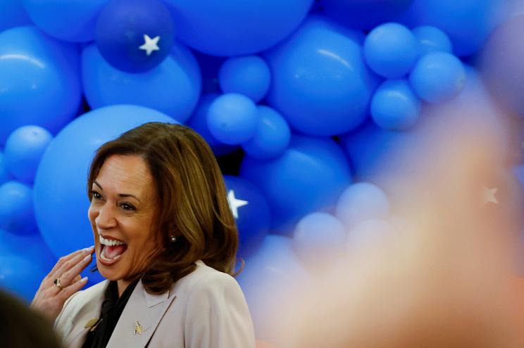 Democratic presidential nominee and U.S. Vice President Kamala Harris reacts during a visit at the Community College of Philadelphia, on National Voter Registration Day, in Philadelphia, Pennsylvania, U.S., September 17, 2024.