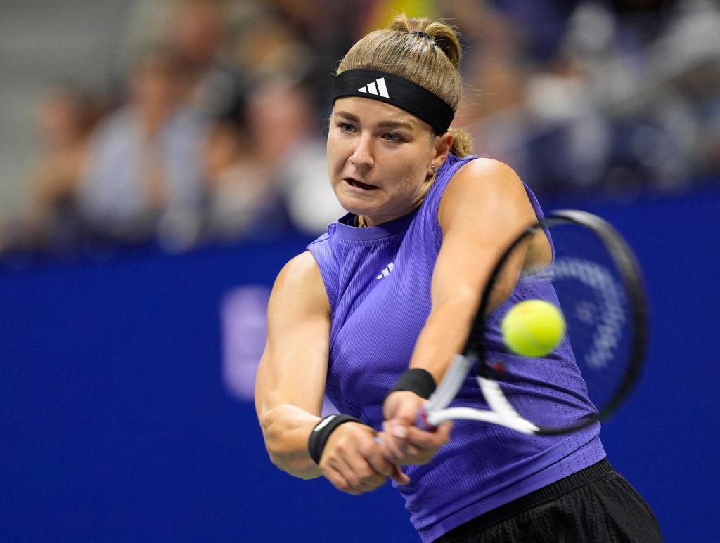 Karolina Muchova hits a backhand during her U.S. Open semifinal loss to Jessica Pegula on Sept. 5, 2024.