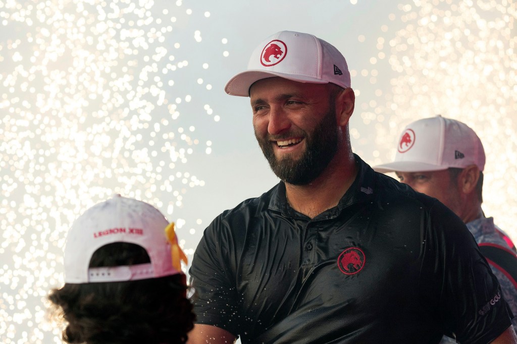 2024 Individual Champion captain Jon Rahm, of Legion XIII,  reacts after the final round of LIV Golf Chicago at Bolingbrook Golf Club, Sunday, Sept. 15, 2024 in Bolingbrook, Ill.