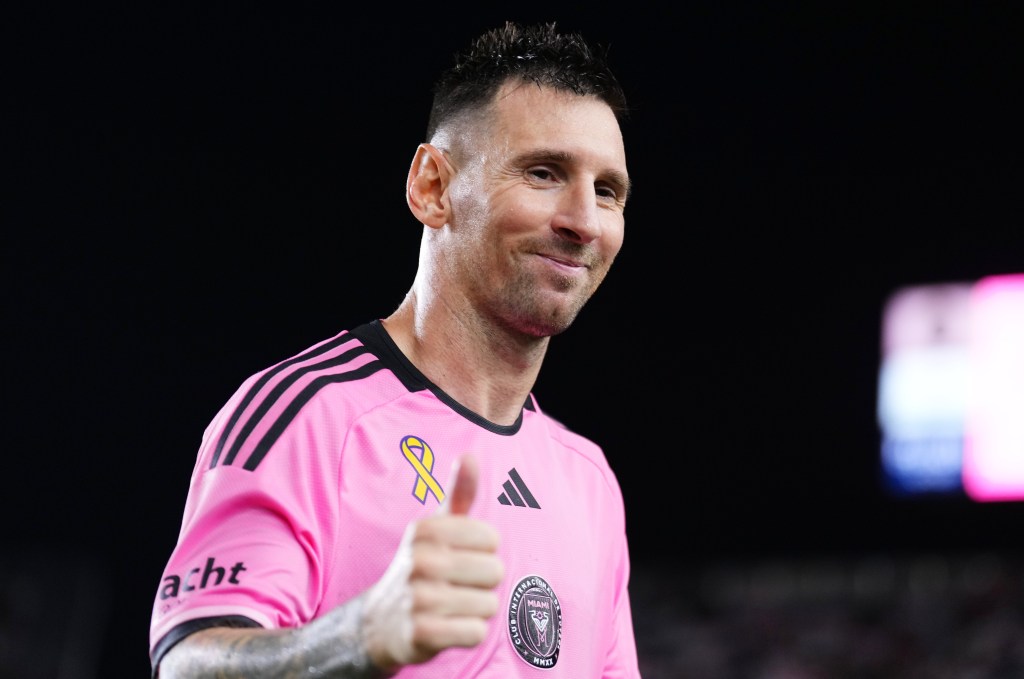 Lionel Messi gives a thumbs-up after scoring two goals in Inter Miami's victory.