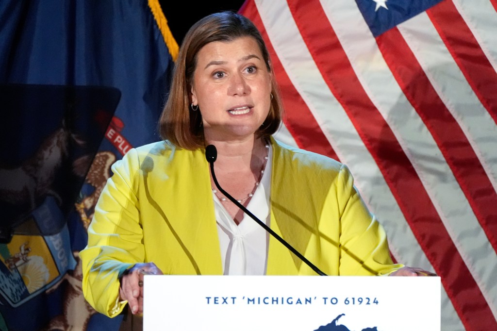 Senate candidate, Rep. Elissa Slotkin, D-Mich., speaks at a primary election night event in Detroit, Aug. 6, 2024. 