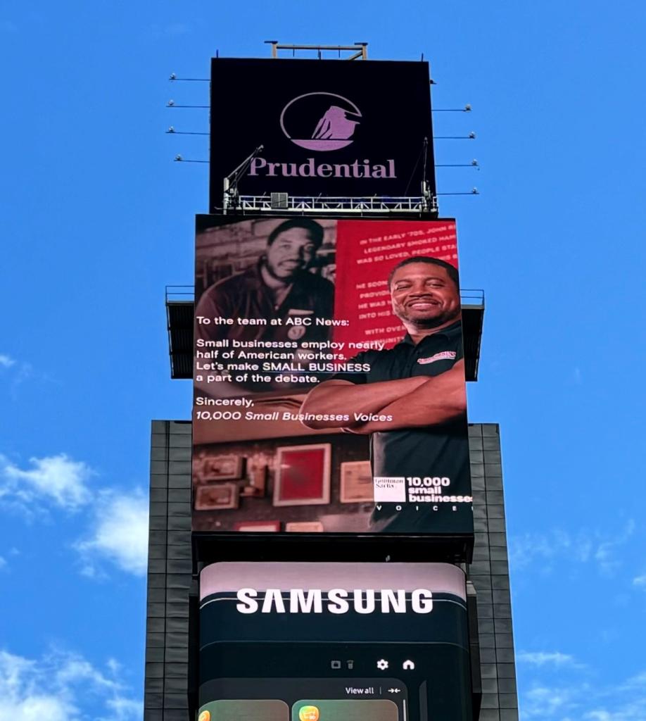 Billboards in Times Square purchased by Goldman Sachs urging Trump and Harris to address small business policies